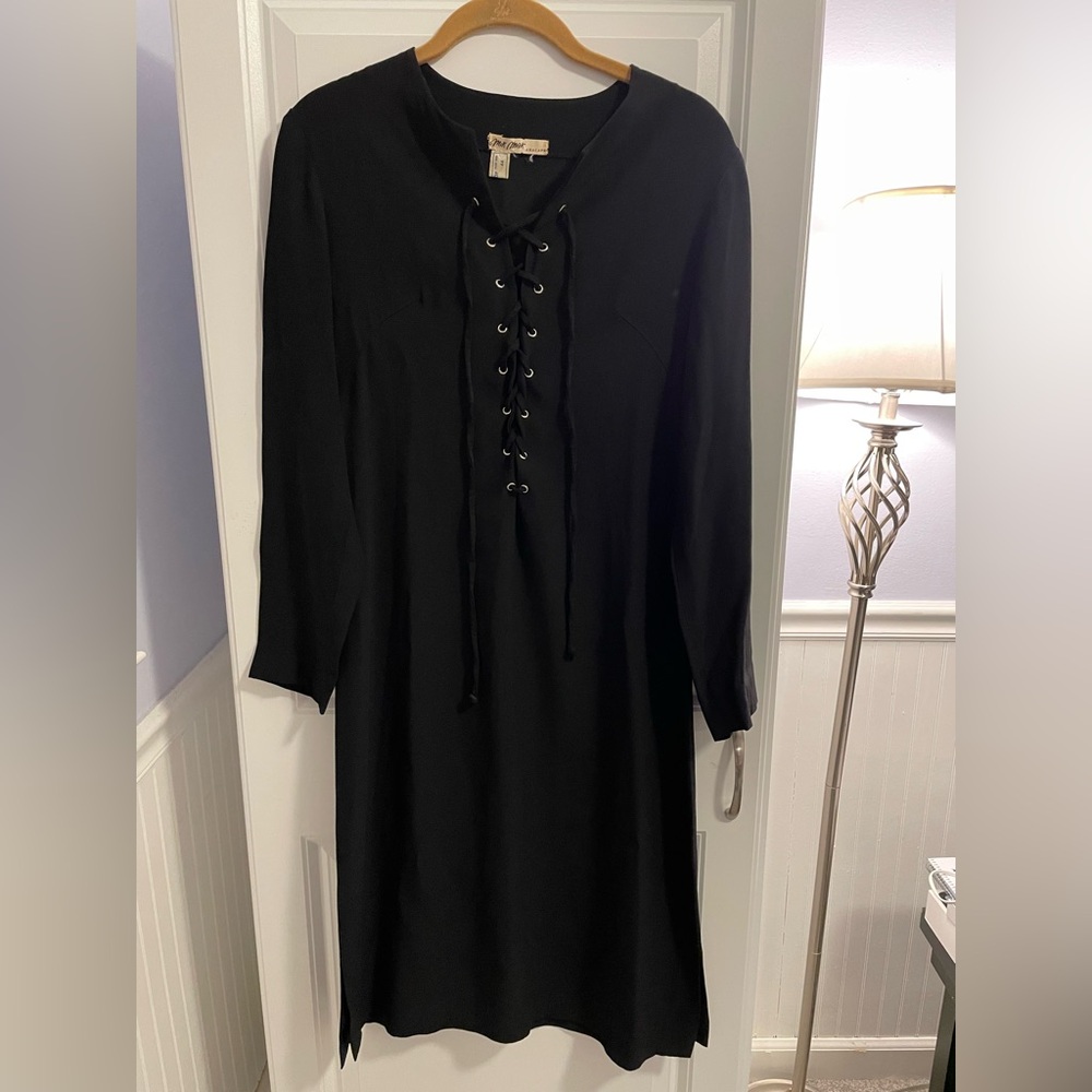 Pink Tartan Anacapri Black 100% Silk Lace-Up Dress W Size 44 US 8 10 Long Sleeve